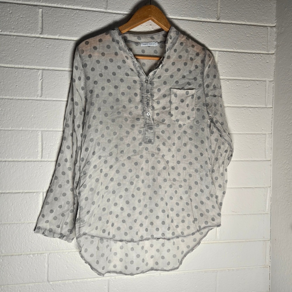 Tempo Paris Womens Blouse Gray Polka Dot Large Henley Linen Blend Lagenlook Boho
